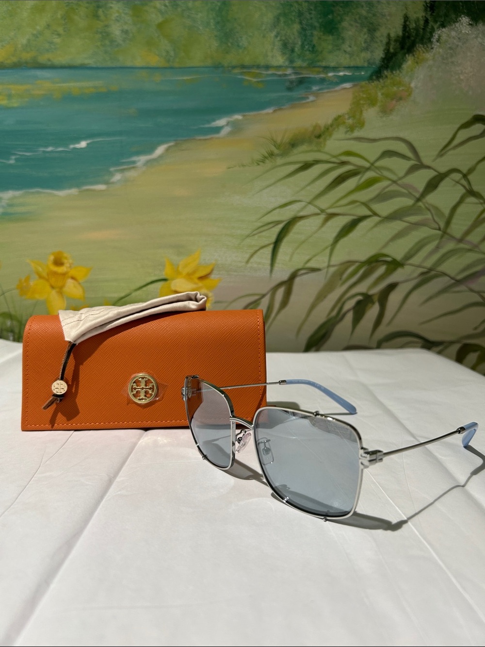 NEW Tory Burch Eleanor Rectangular Sunglasses TY6104 Silver/Light Blue with Case